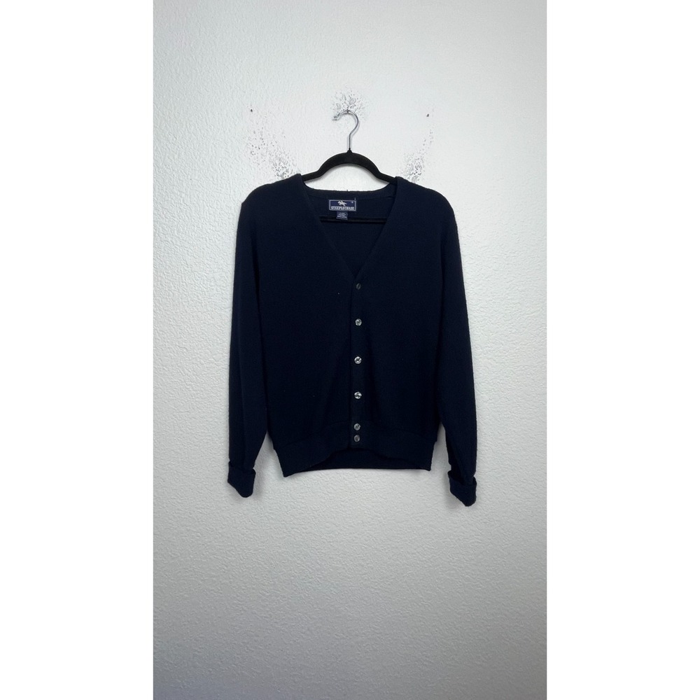 VTG Steeplechase Cardigan Sweater Mens Small Navy Blue Knit V Neck Button Front